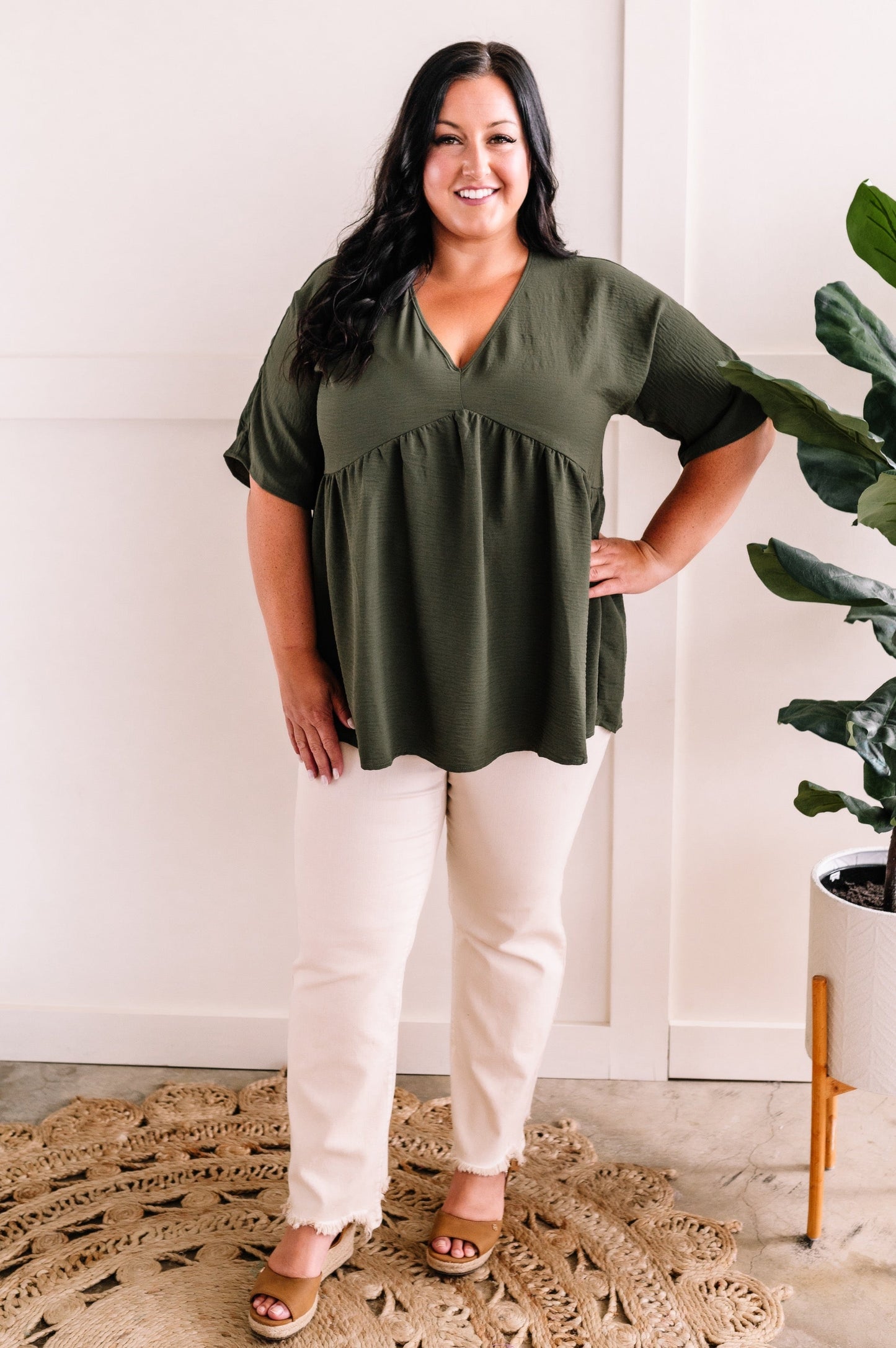 V Neck Babydoll Blouse In Olive.