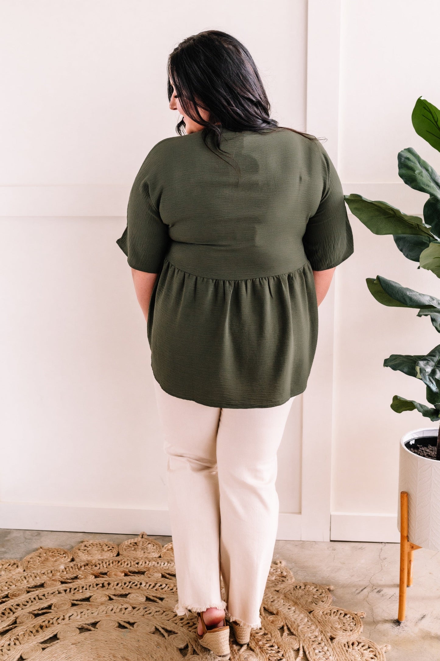V Neck Babydoll Blouse In Olive.