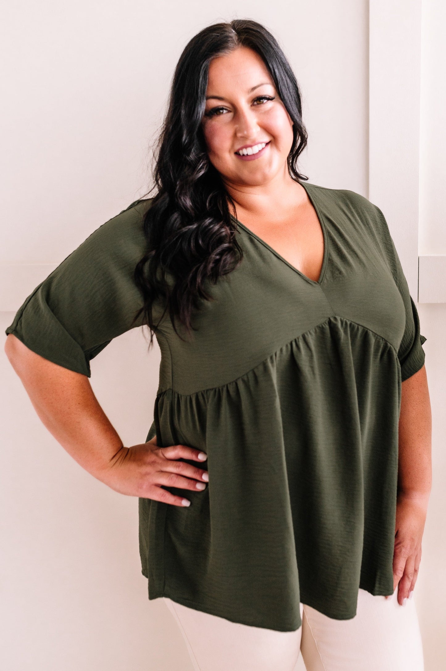 V Neck Babydoll Blouse In Olive.