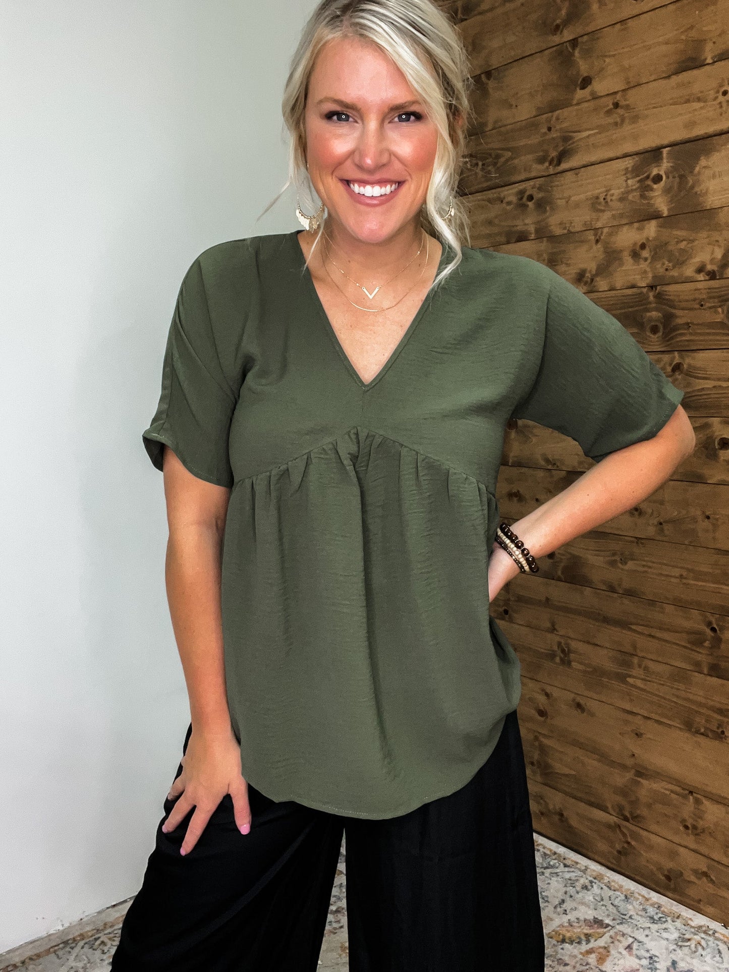 V Neck Babydoll Blouse In Olive.