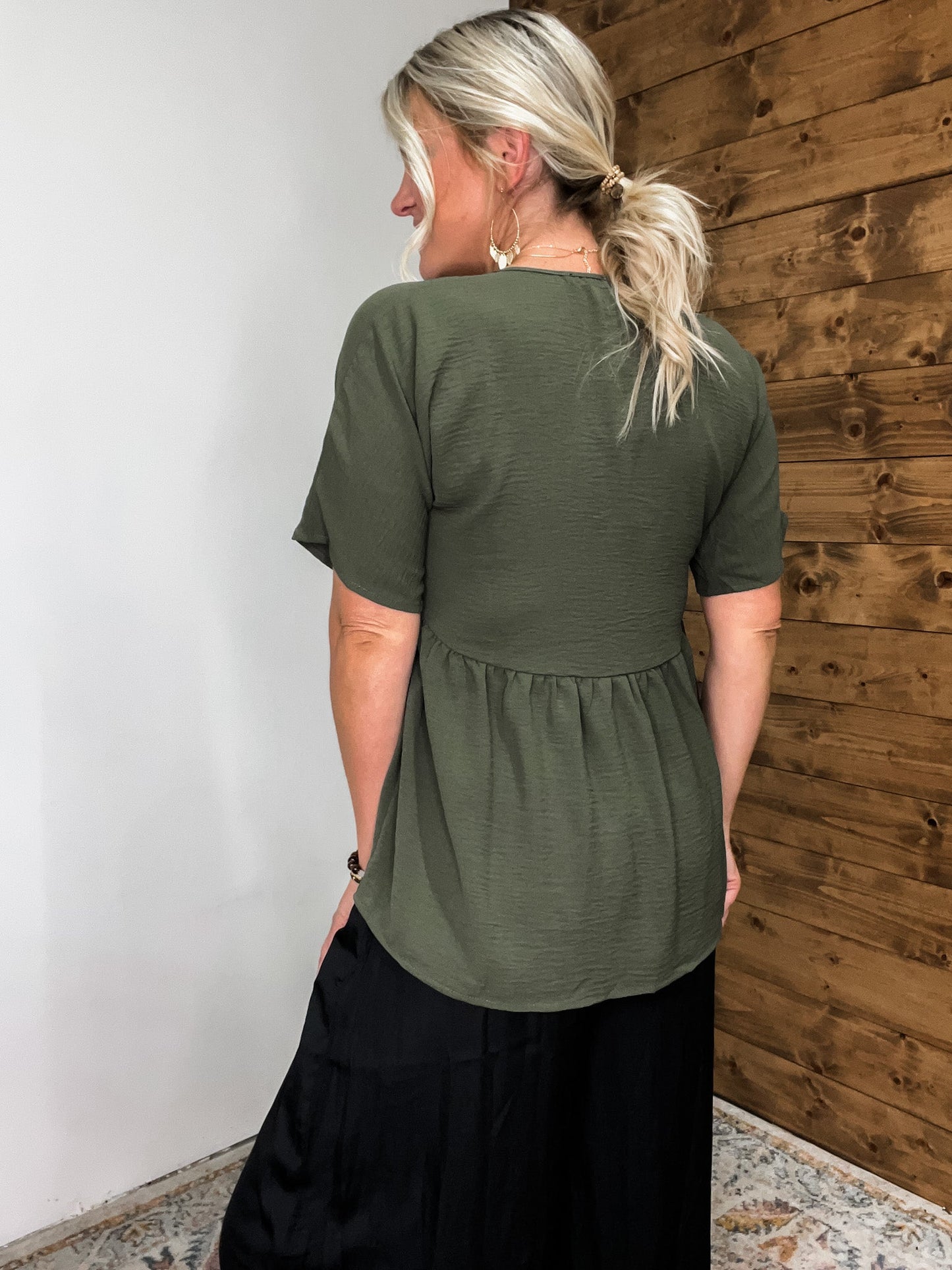 V Neck Babydoll Blouse In Olive.