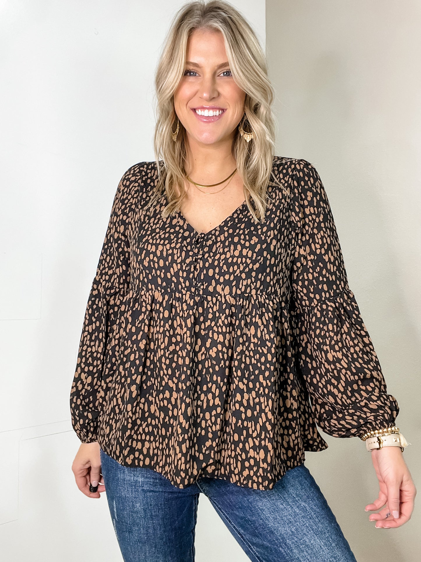Animal Print Button Blouse In Black & Taupe