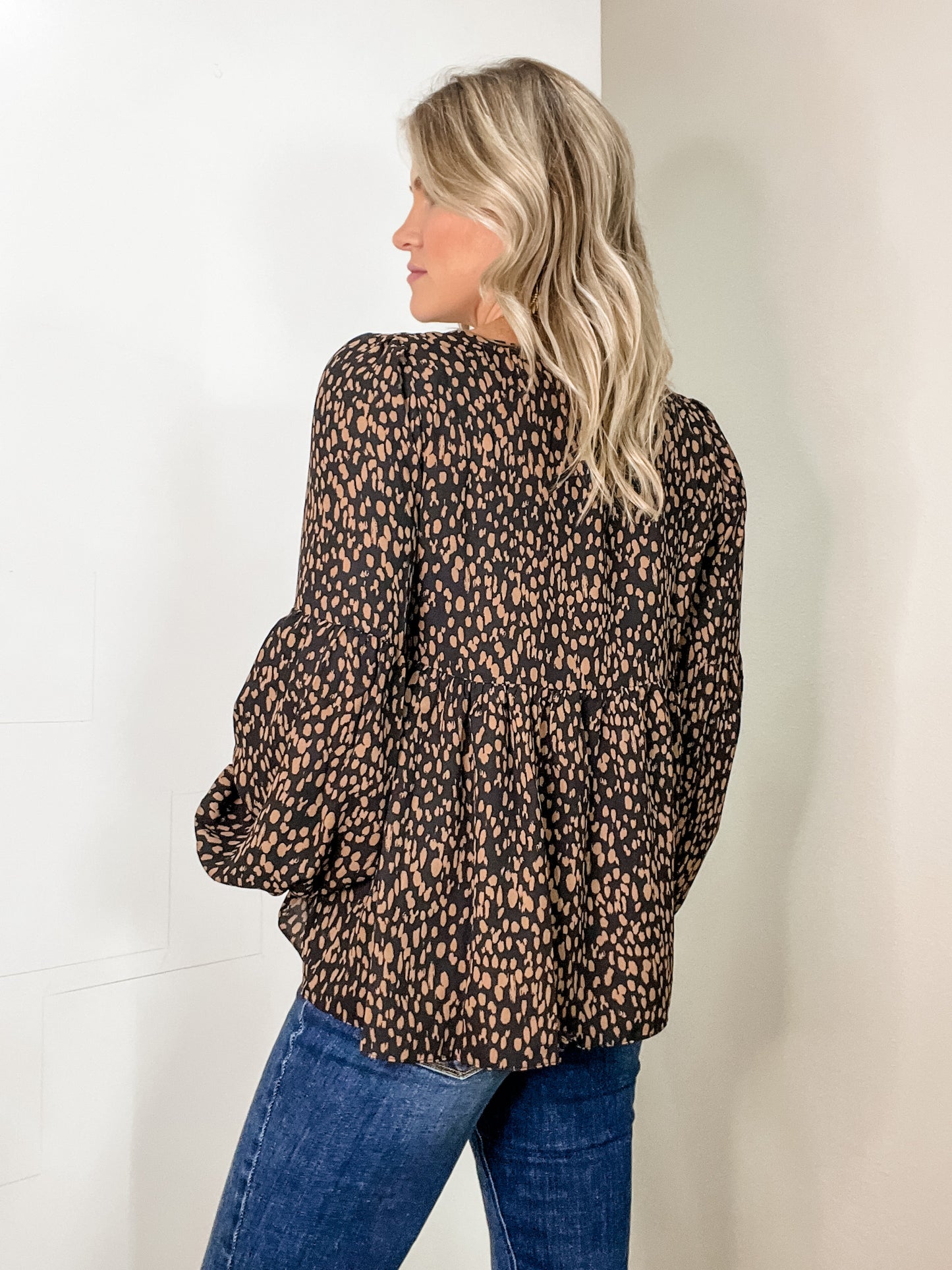 Animal Print Button Blouse In Black & Taupe