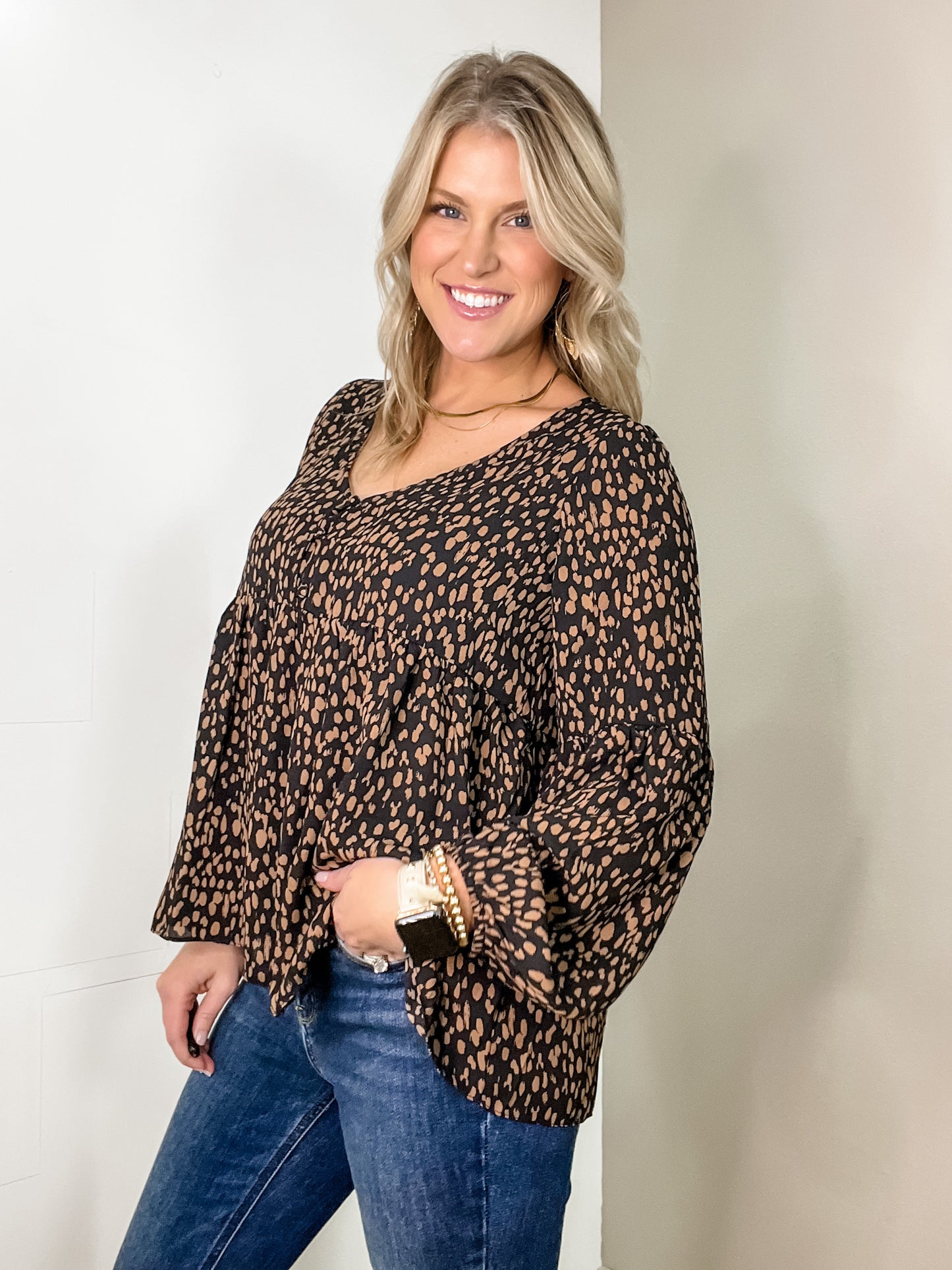 Animal Print Button Blouse In Black & Taupe
