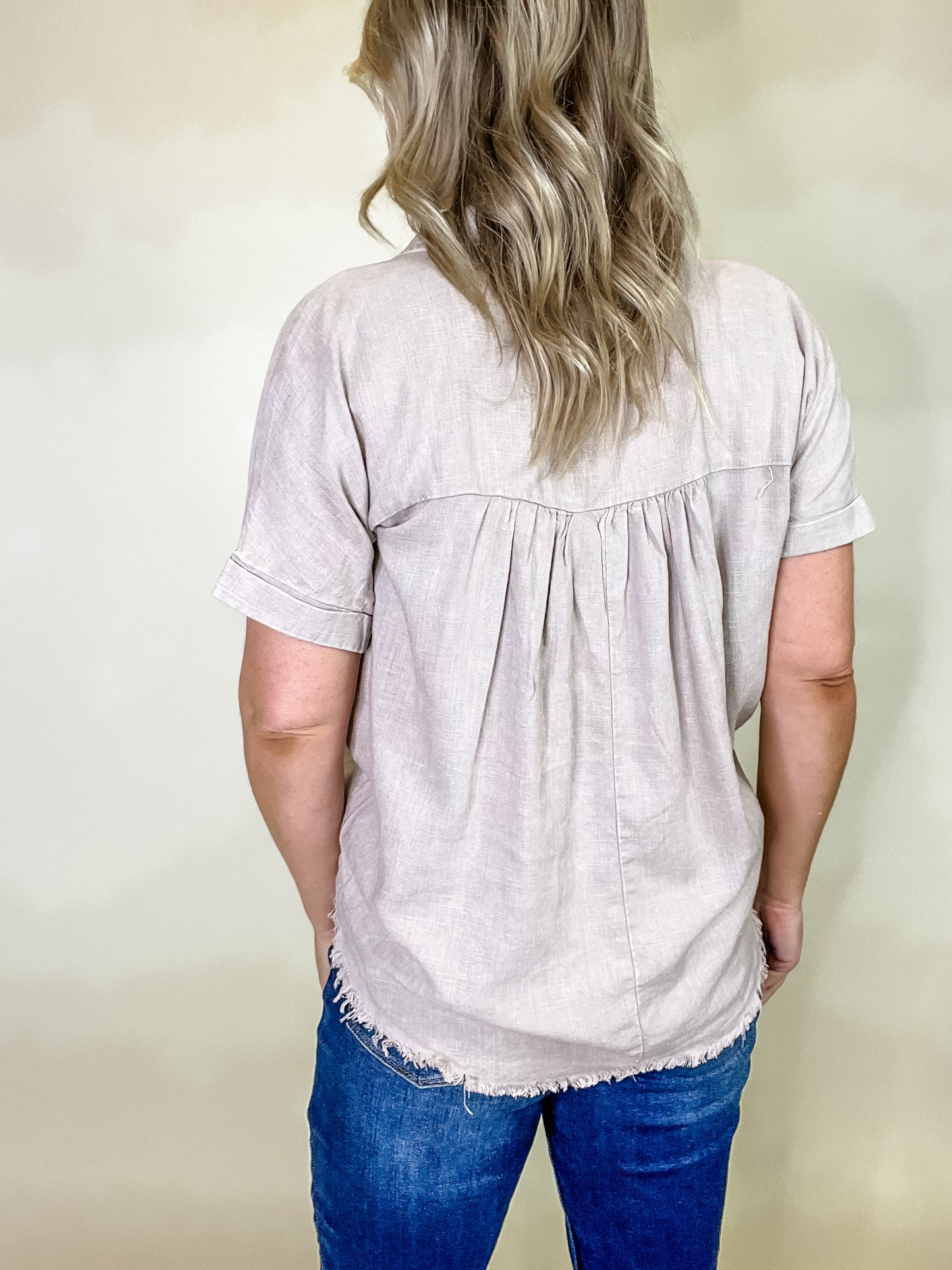 Ready For Spring Taupe Washed Linen Collared Top