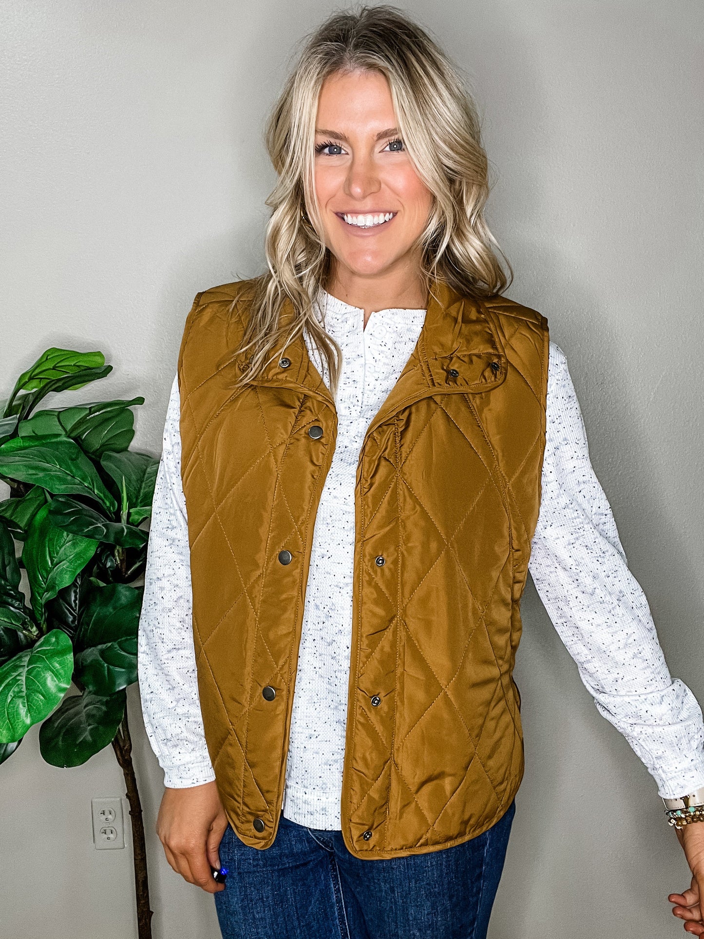 Layer Up Camel High Neck Quilted Puffer Vest.