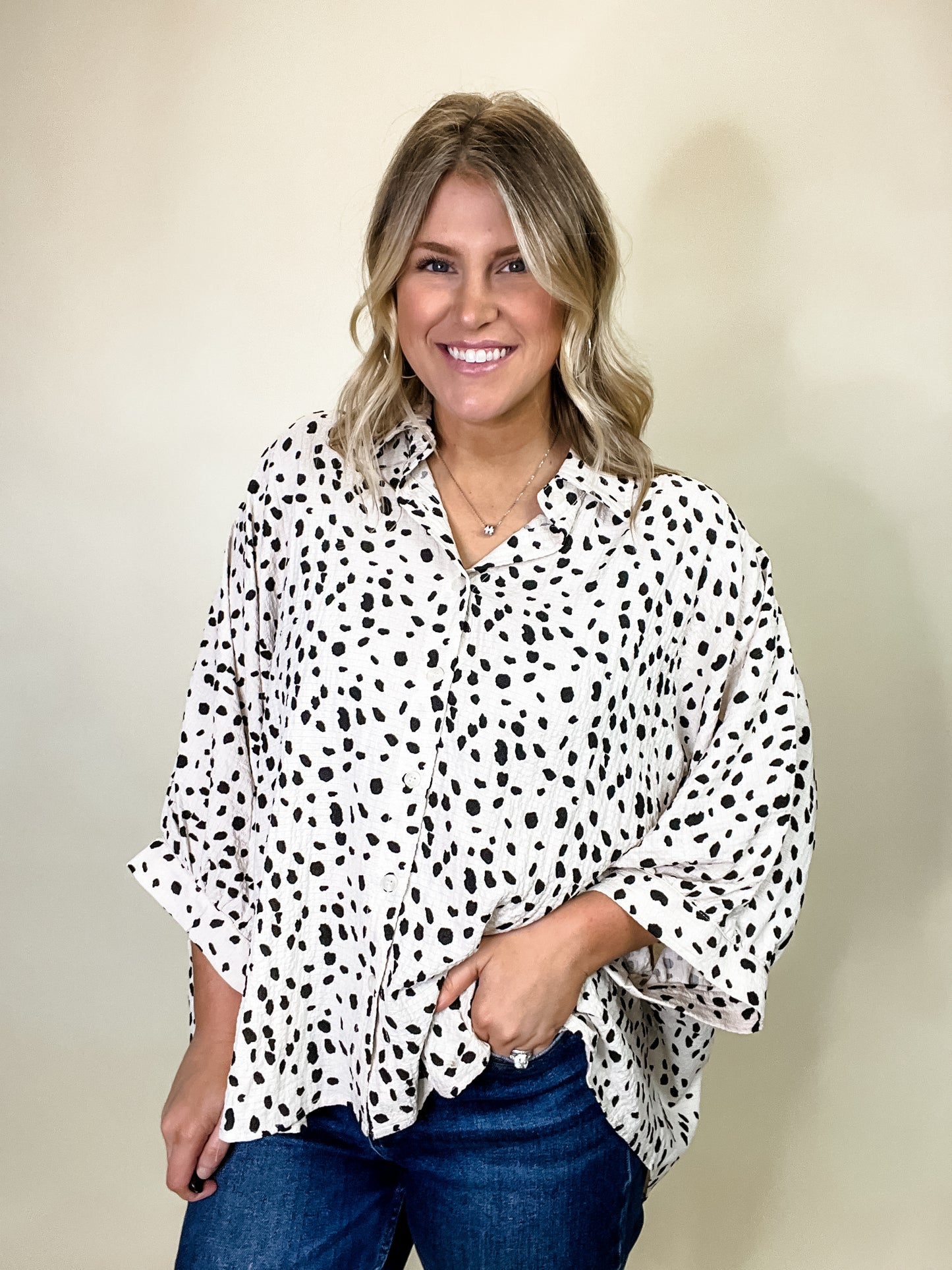 Diva Loving Ivory Leopard Print Button Down Oversized Top