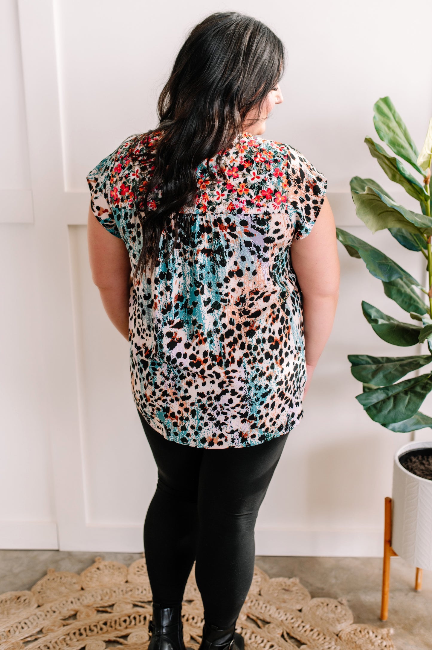 12.22 Embroidered Floral And Animal Print Blouse In Teal Multi Color