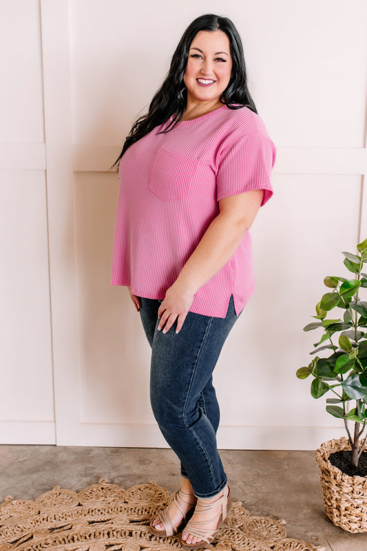 Ribbed Knit Pocket Top In Sweet Pink
