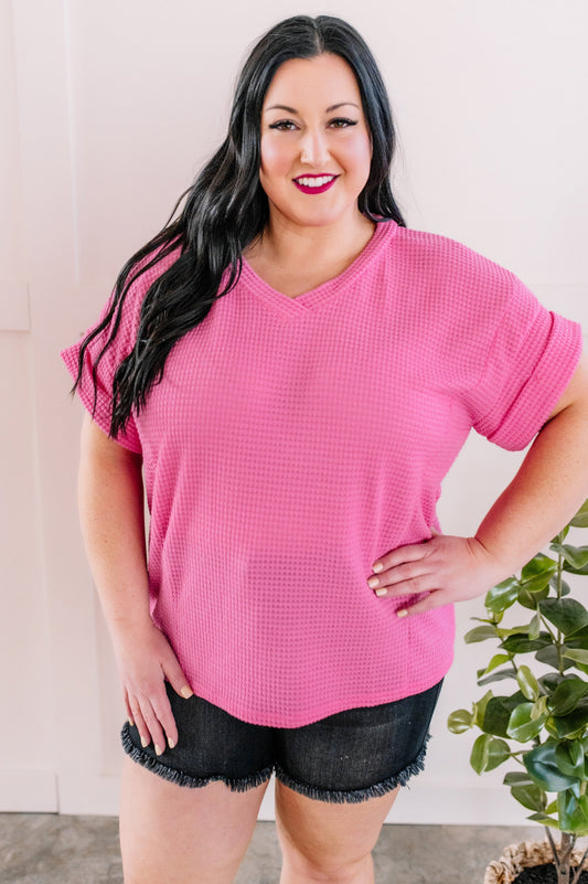 V Neck Waffle Knit Top In Summer Pink