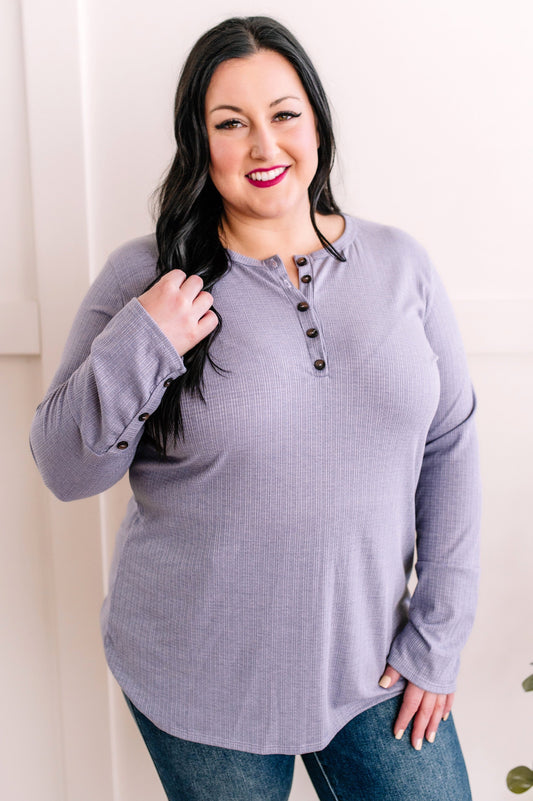 Long Sleeve Henley Top With Button Sleeves In Vintage Lilac