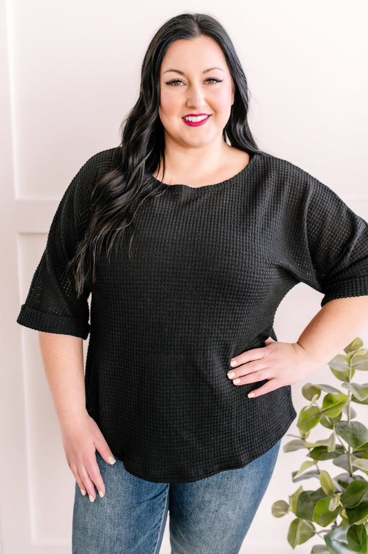 Waffle Knit Top In Textured Black With Pinned Sleeves