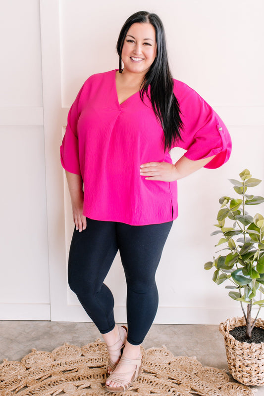 Pleated Blouse With Button Sleeve Detail In Hot Pink