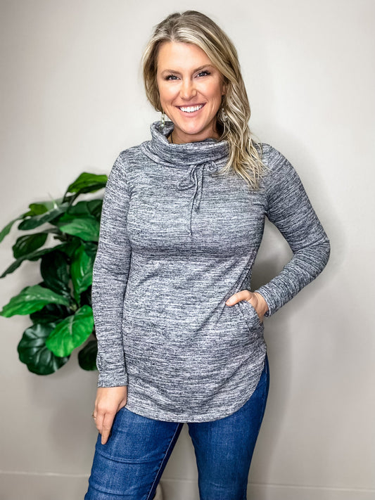 Be Your Best Grey Marled Cowl Neck Pocketed Top.
