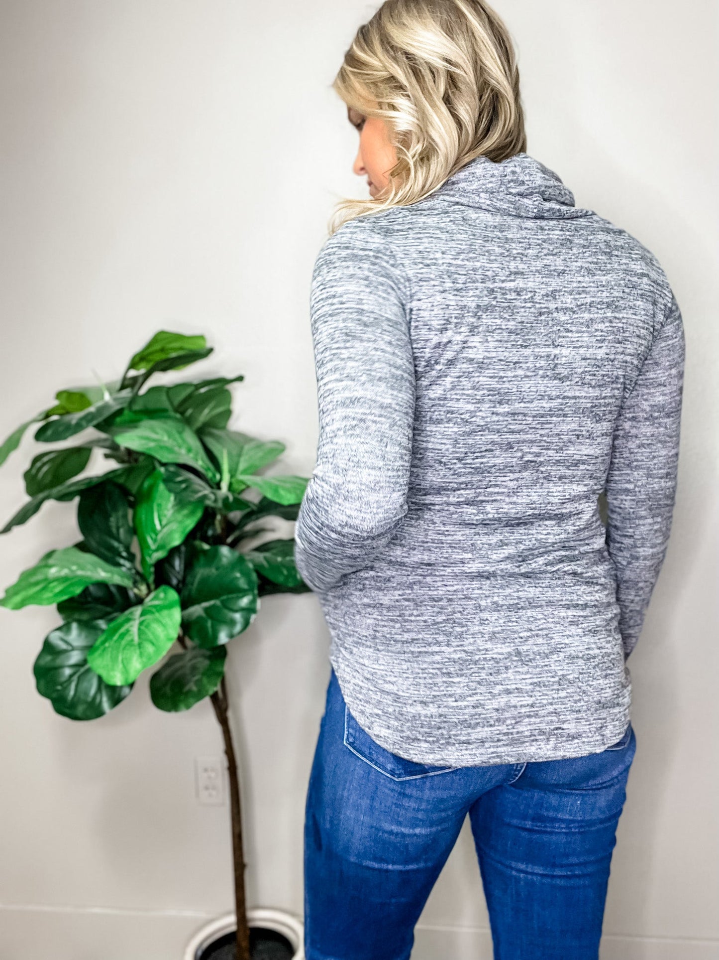 Be Your Best Grey Marled Cowl Neck Pocketed Top.