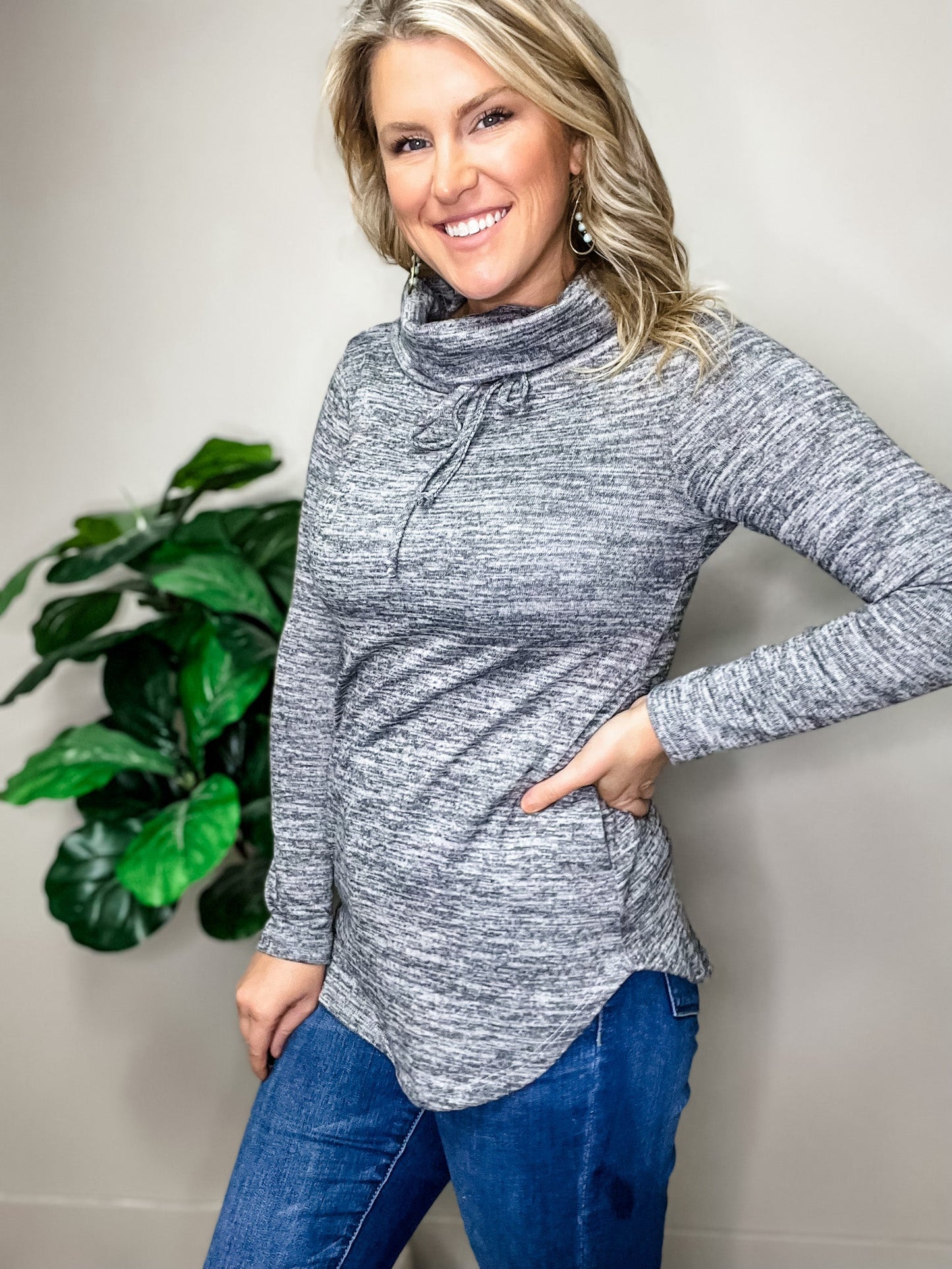 Be Your Best Grey Marled Cowl Neck Pocketed Top.