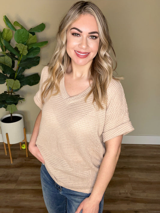 V Neck Waffle Knit Top In Nude