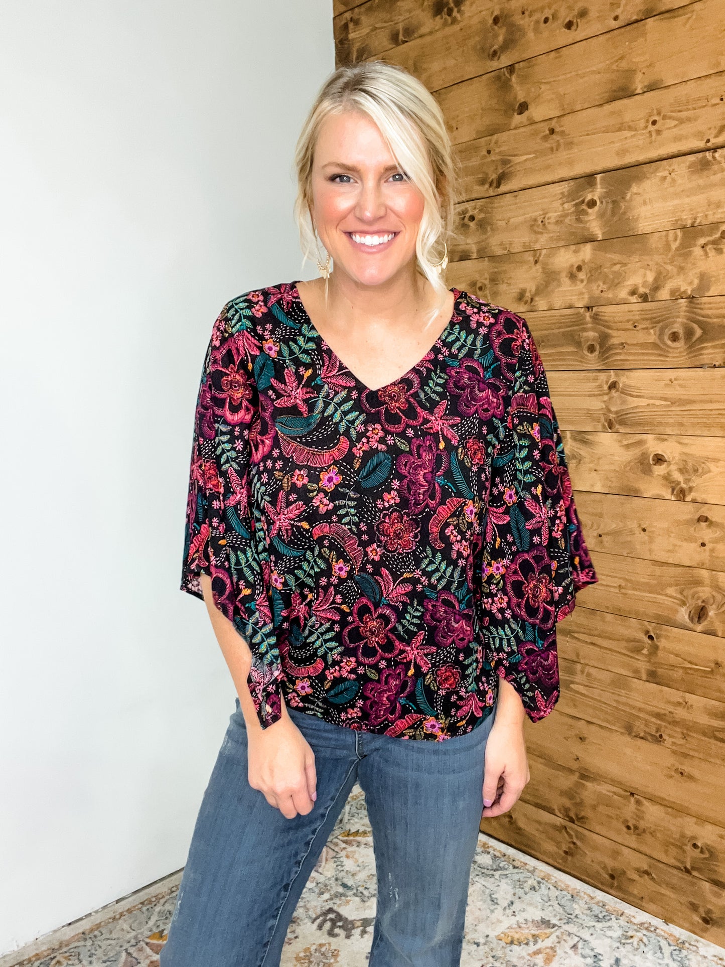 Angled Sleeve Blouse In Black Multicolored Floral Sketch