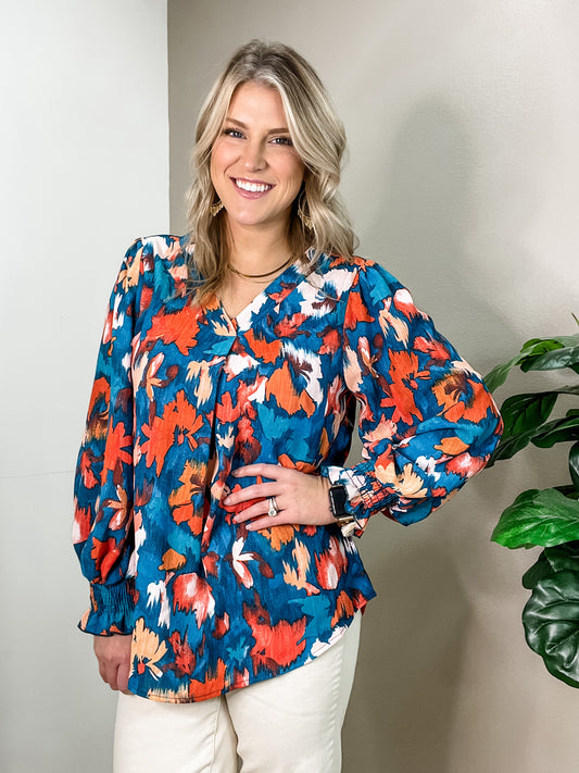 All I Ask Teal Floral Abstract Print V Neck Smocked Top