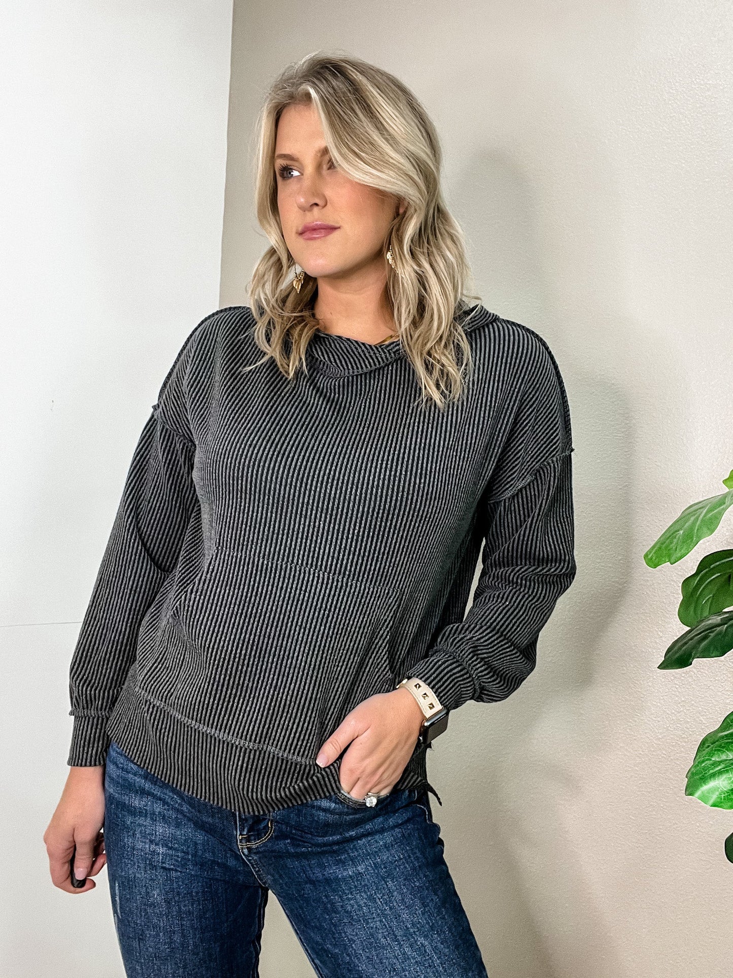 Cozy Up Charcoal Mineral Wash Rib Knit Hoodie.