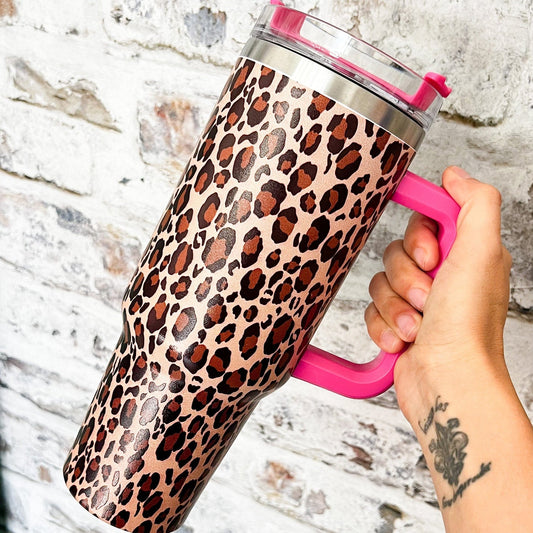 40 oz Leopard + Pink Tumbler with Handle