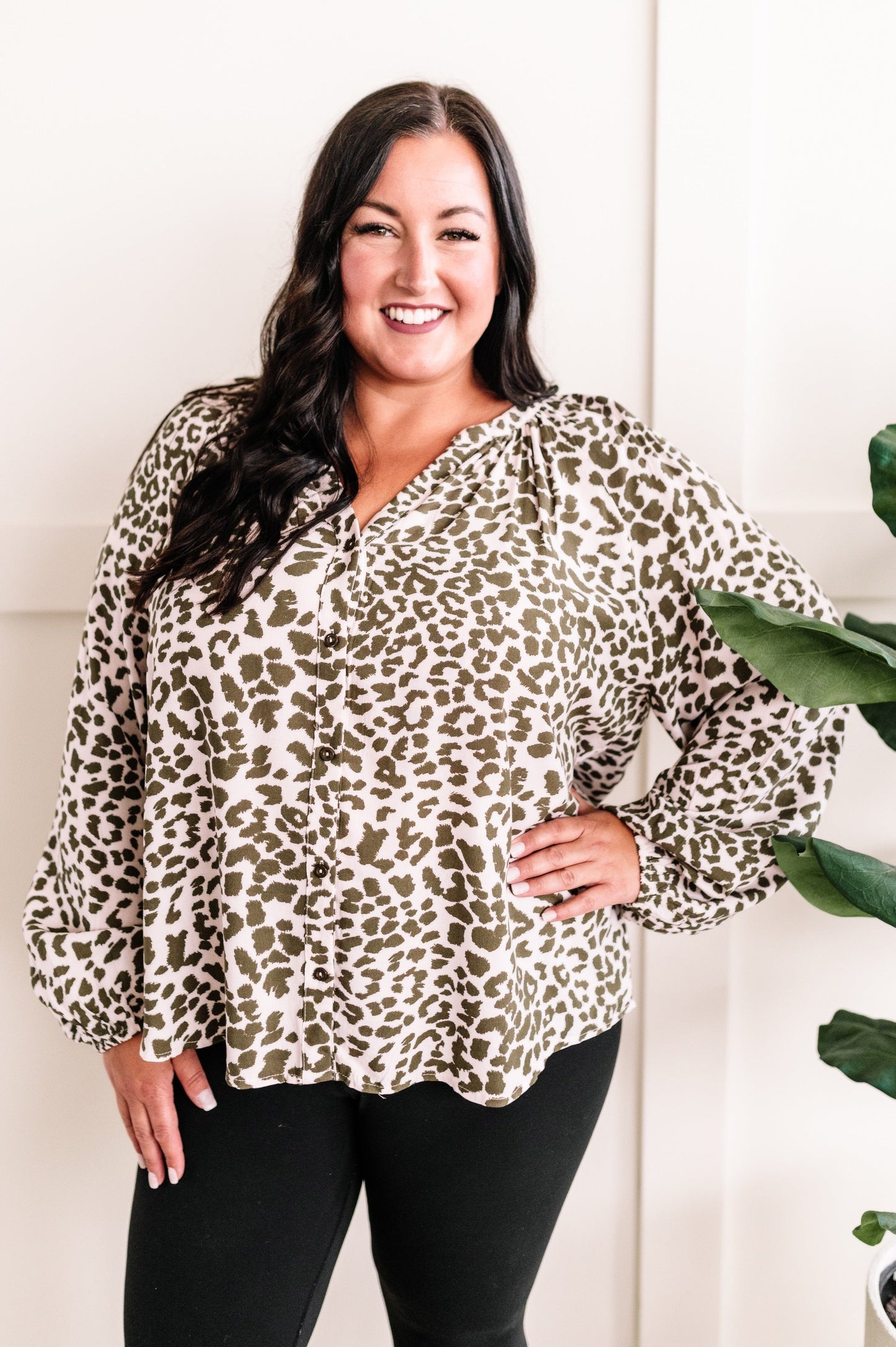 Animal Print Button Detail Blouse In Olive