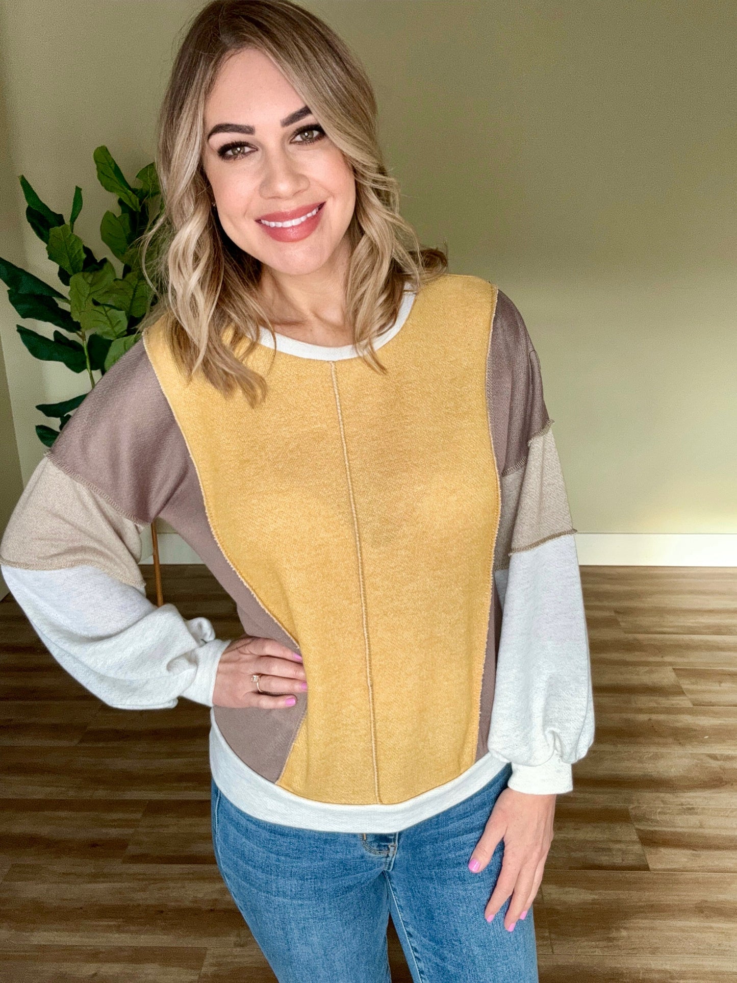 Contrasting Sleeve Sweatshirt Top  In 70's Color Block