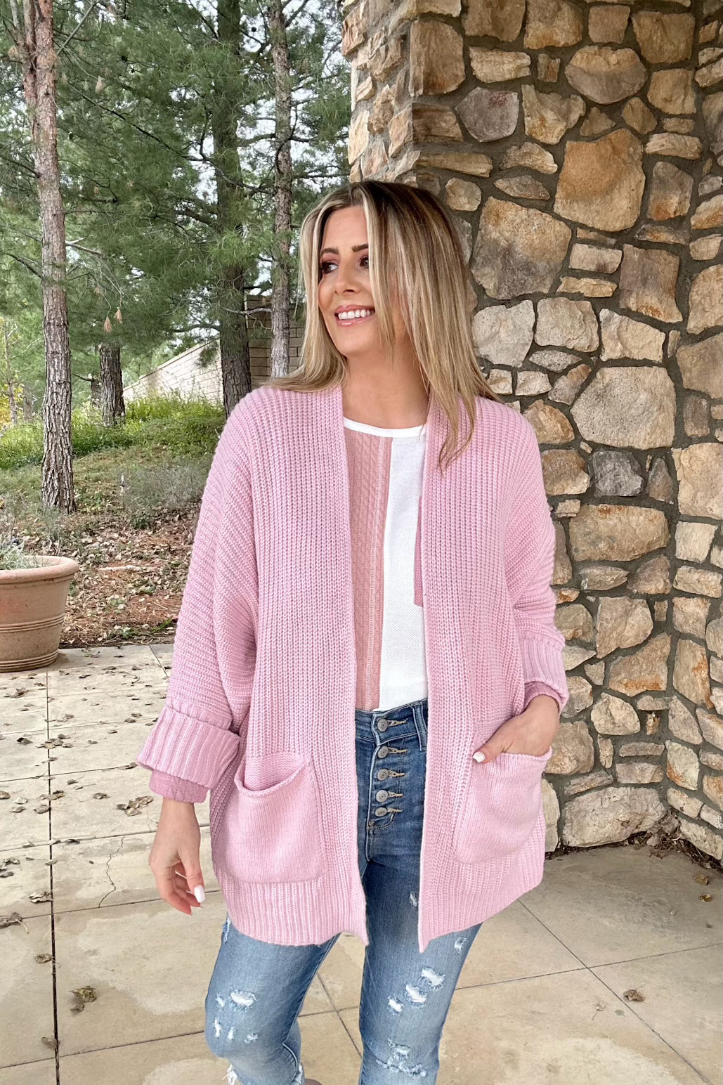 Crisp Air Oversized Fold Over Sleeve Sweater Cardigan Pink