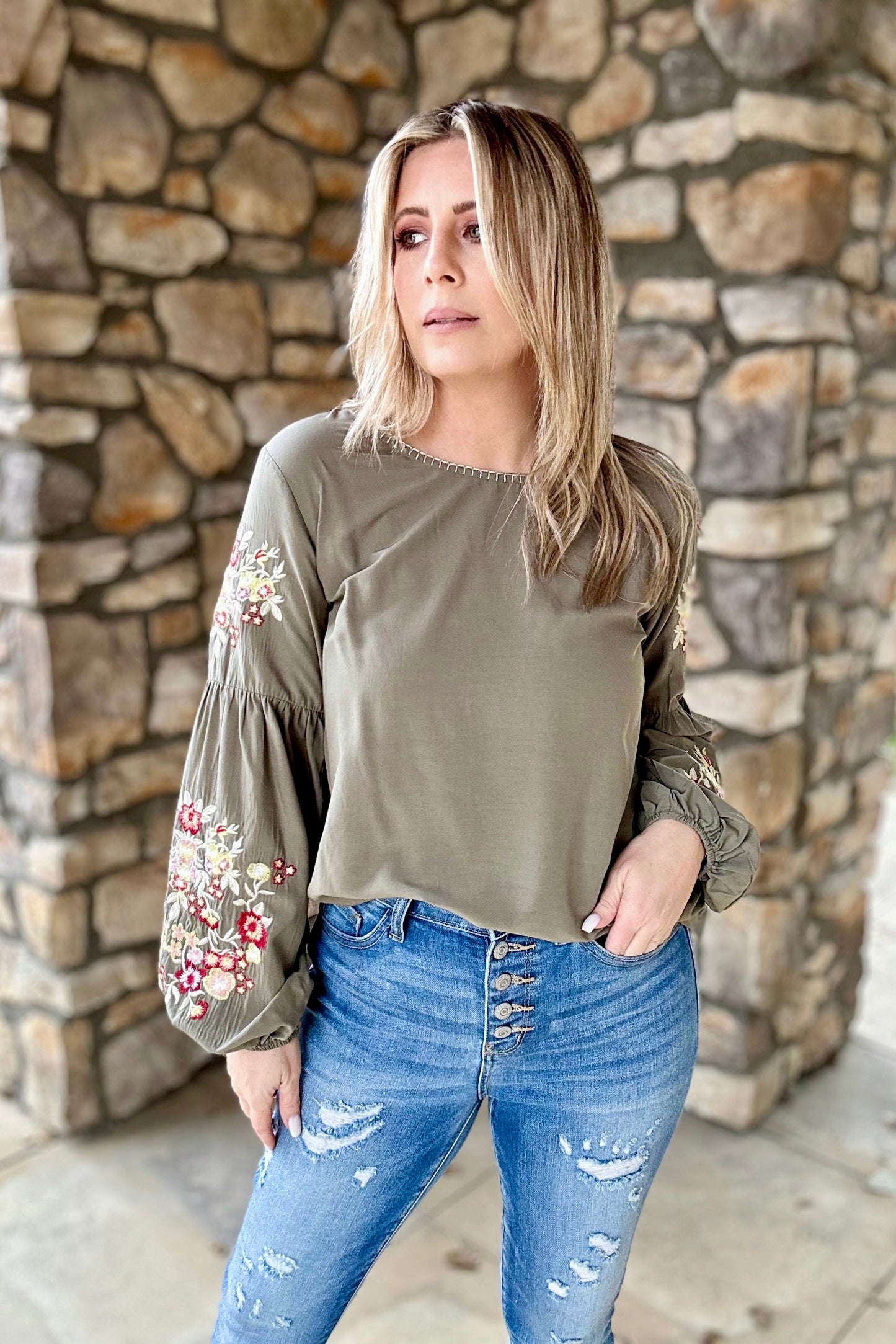 Happy To See You Floral Embroidered Blouse ~ Olive