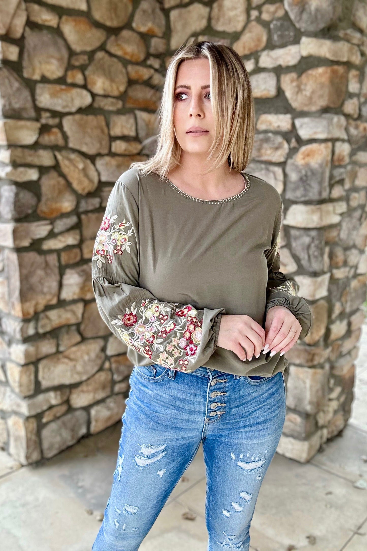 Happy To See You Floral Embroidered Blouse ~ Olive